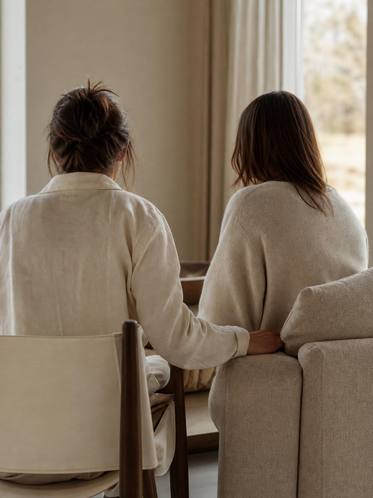Two people sitting together in a calm, naturally lit room
