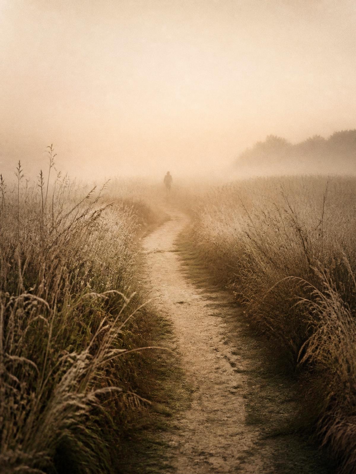 A misty path winding through tall grasses in soft early morning light