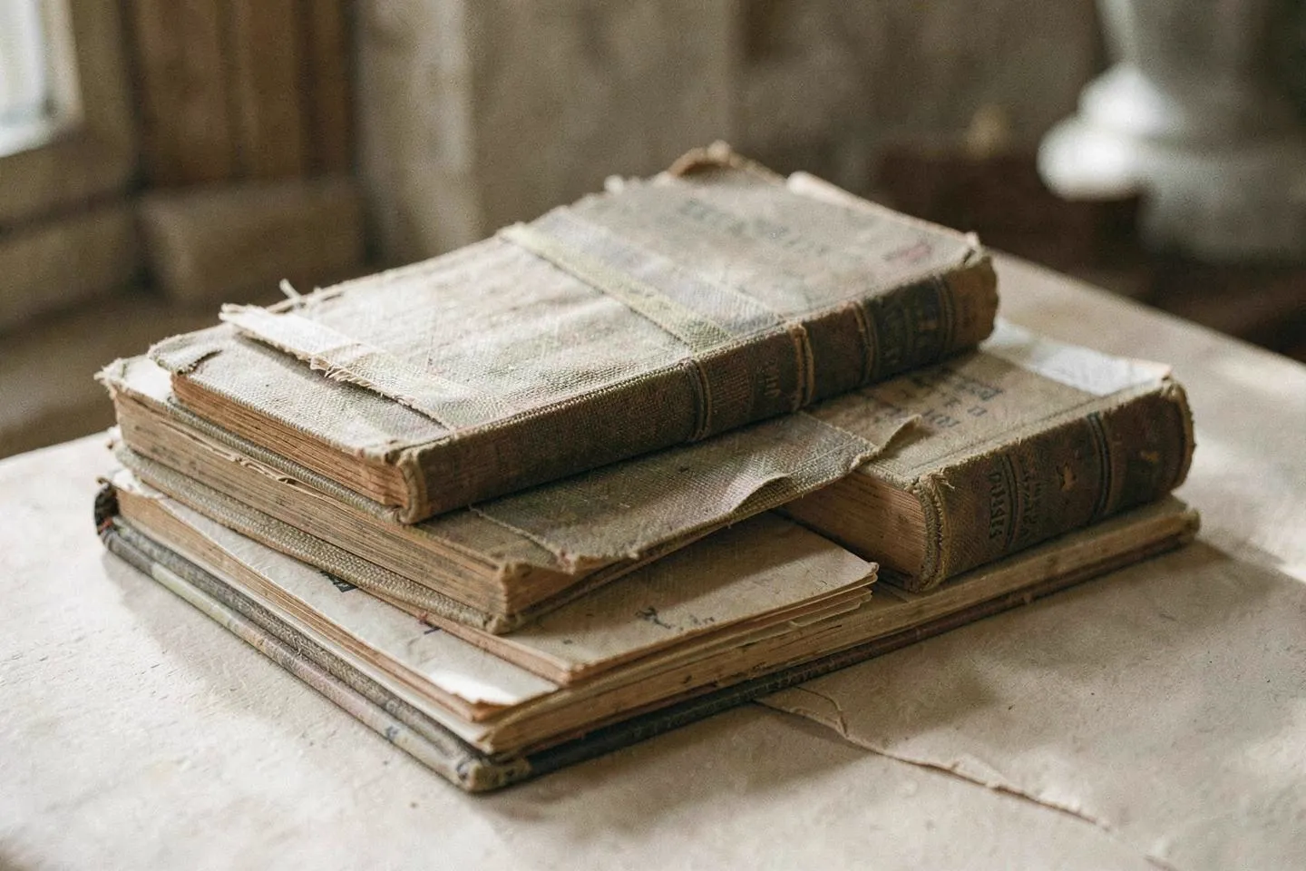 A stack of old cloth-bound books on a pale surface