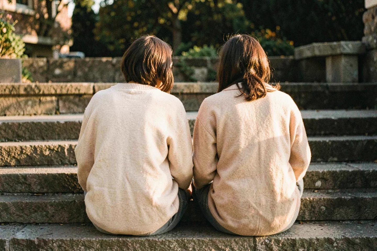 Two young people sitting side by side on stone steps, seen from behind