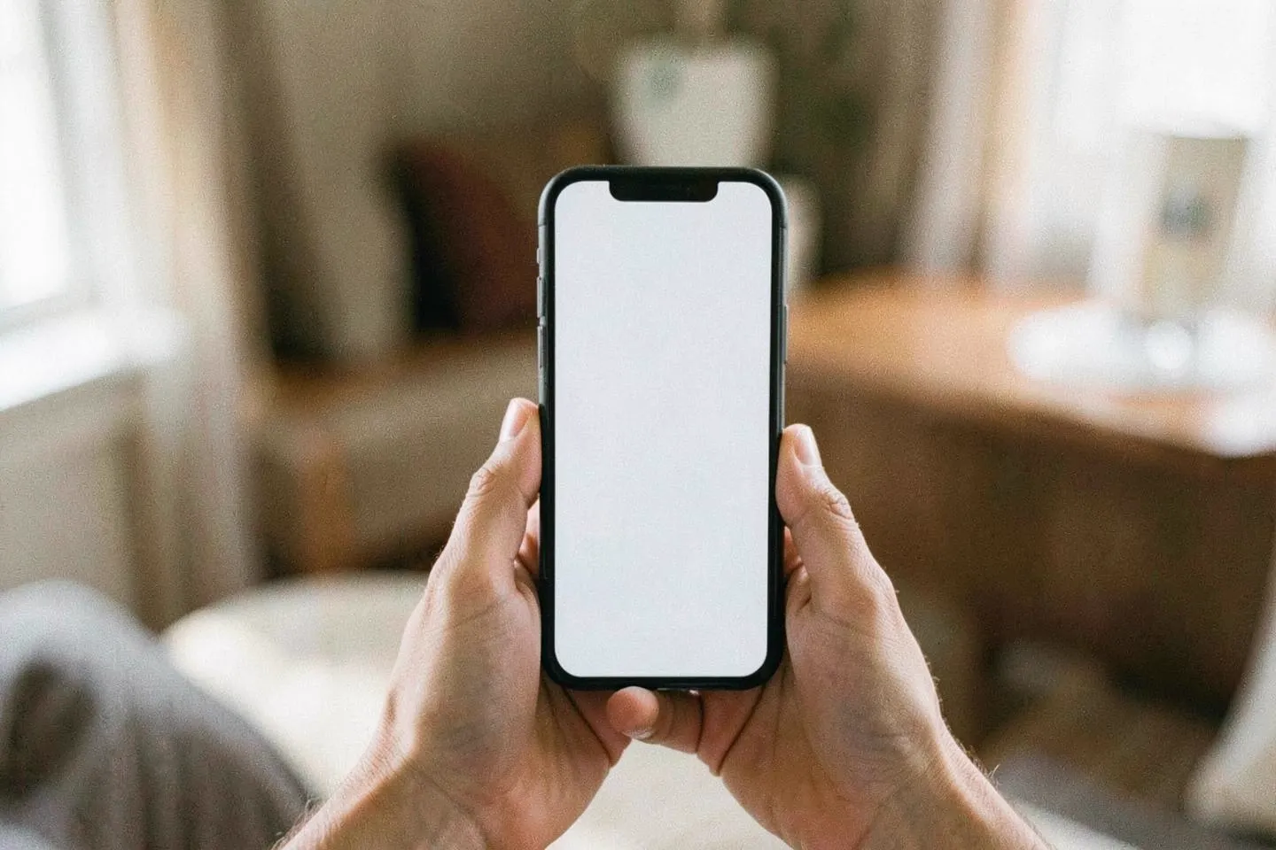 Hands holding a phone in a softly lit room